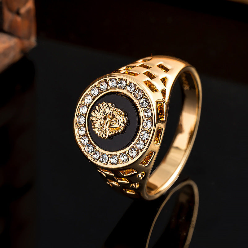 Fashion Man Diamond Cut Oil Dripping Round Lion Head Ring