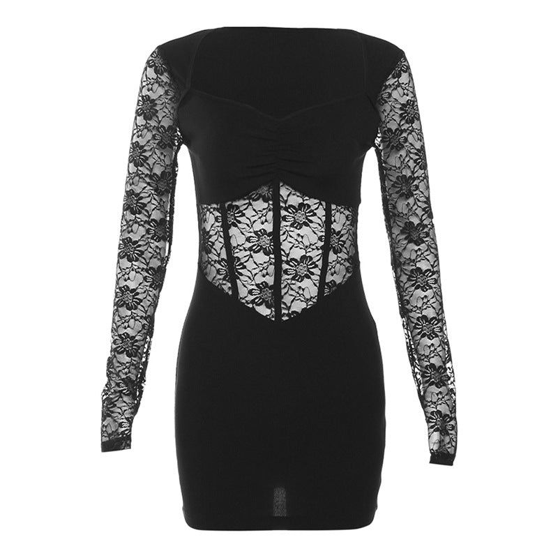 Women's Fashion Pure Color Mesh Stitching Dress