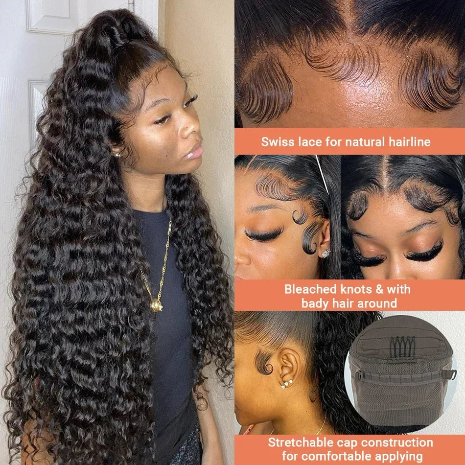 Varlea 40 Inch 13x4 Lace Front Wigs Deep Wave Wig Curly Hd Lace Wig 13x6 Human Hair Water Wave Black Wig Brazilian 220% Density