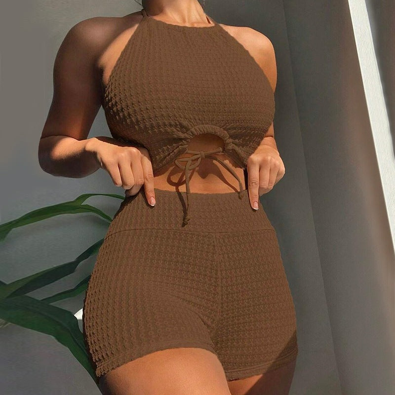 Sexy Solid Color High Waist Split Bikini Swimsuit For Women