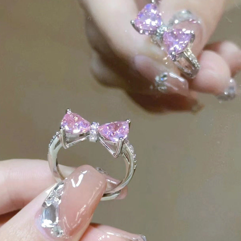 Princess's Castle Pink Bow Female Diamond Zircon French Girl Micro-inlaid Ring