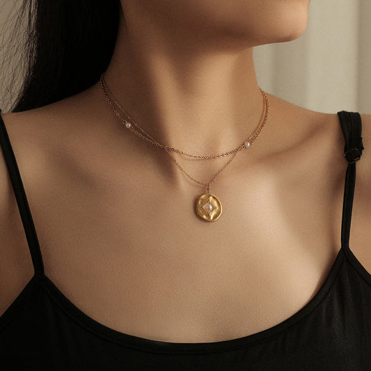 Coin Pearl Pendant Necklace Titanium Steel Necklace
