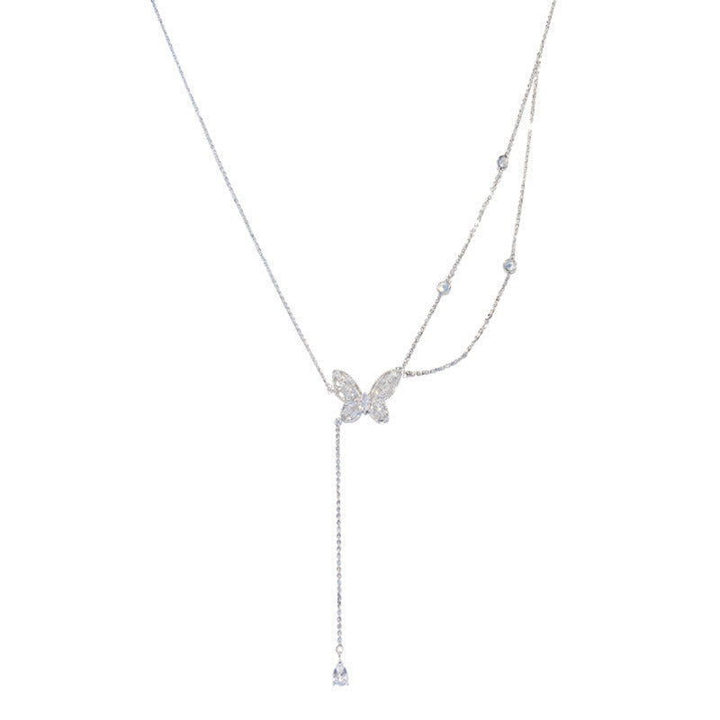Double-layer Zircon Butterfly Tassel Necklace