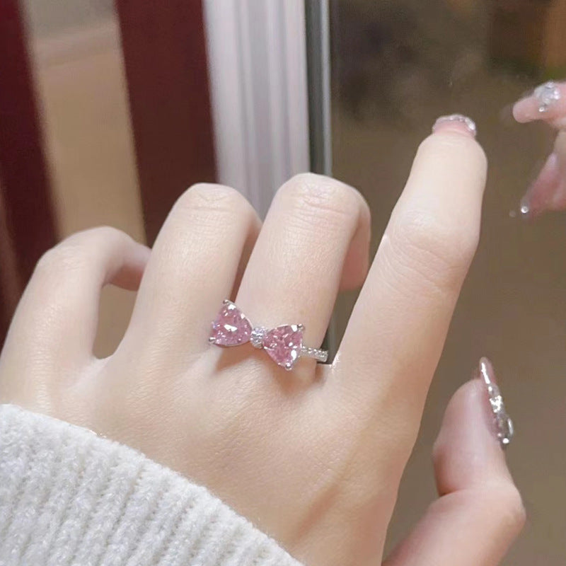 Princess's Castle Pink Bow Female Diamond Zircon French Girl Micro-inlaid Ring