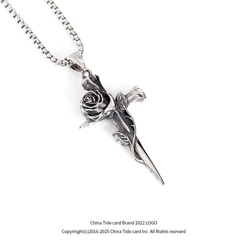 Vintage Rose Cross Titanium Steel Necklace Man