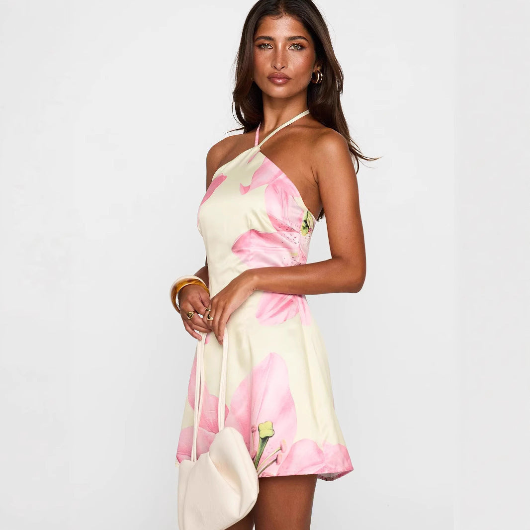 Sexy Suspender Flower Print Slim Fit Length Dress